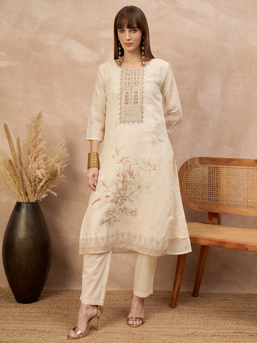 Off-White Linen Printed A-Line Kurta Trouser With Dupatta
