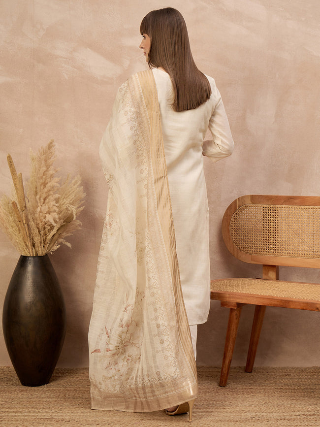 Off-White Linen Printed A-Line Kurta Trouser With Dupatta