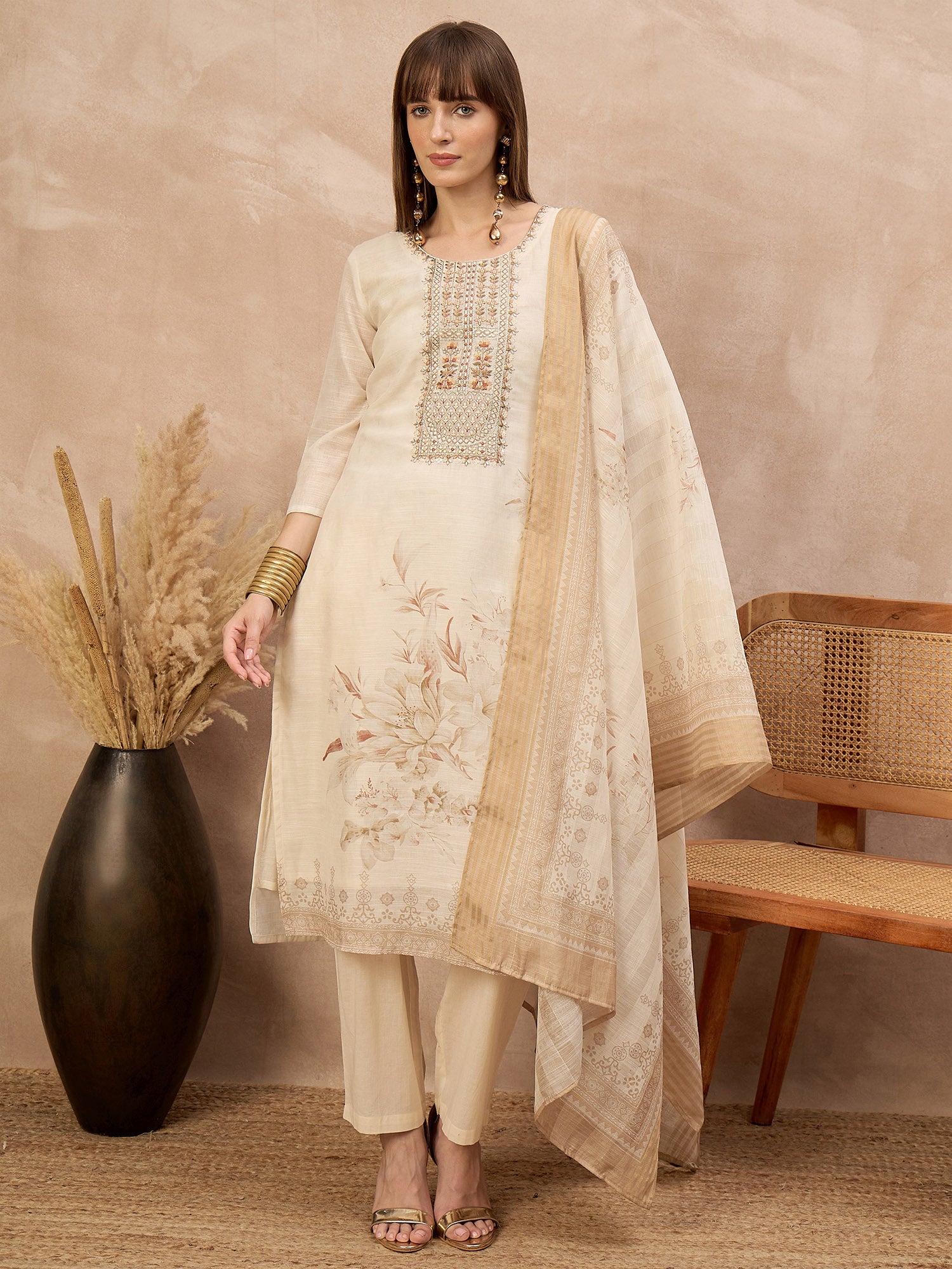 Off-White Linen Printed A-Line Kurta Trouser With Dupatta