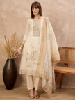 Off-White Linen Printed A-Line Kurta Trouser With Dupatta