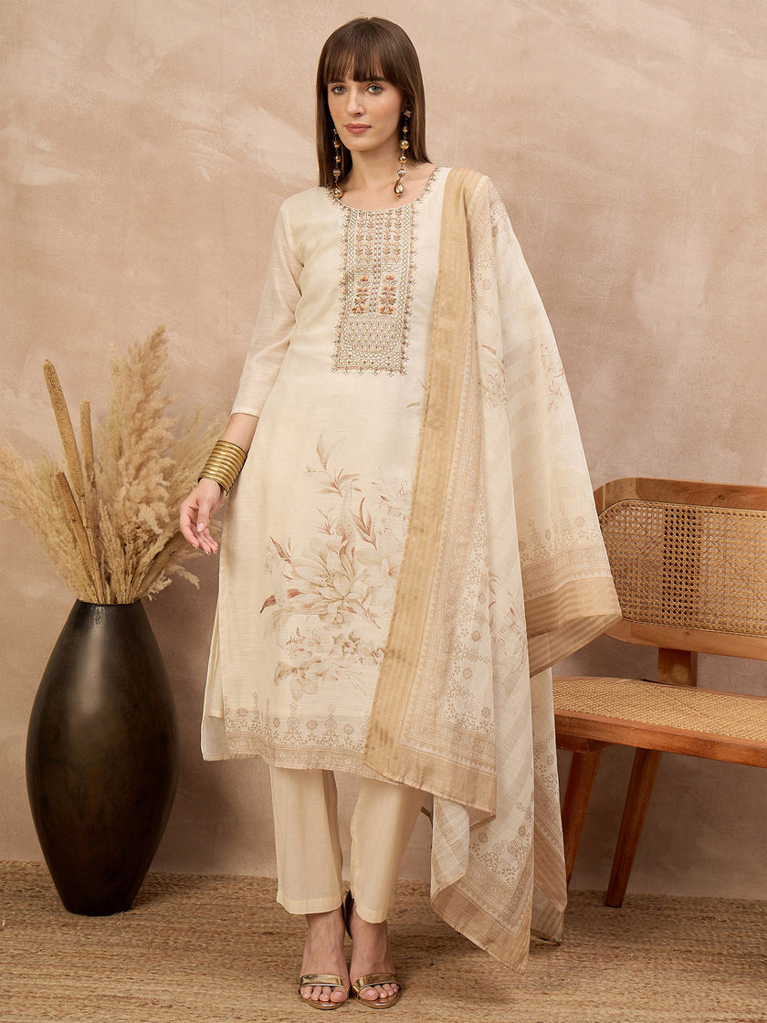 Off-White Linen Printed A-Line Kurta Trouser With Dupatta