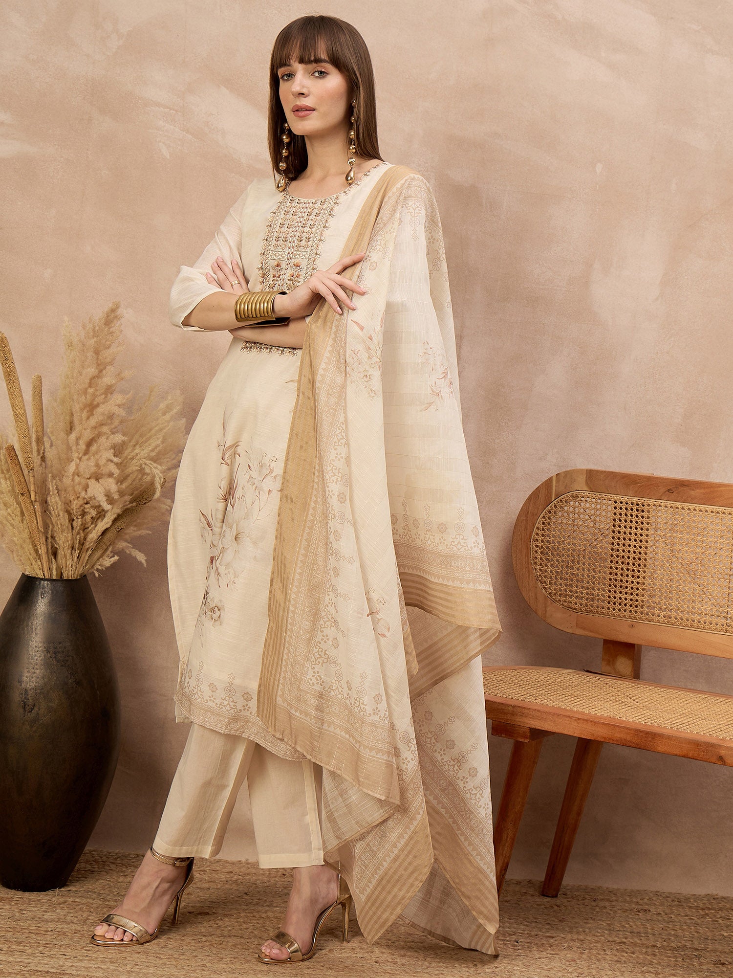 Off-White Linen Printed A-Line Kurta Trouser With Dupatta