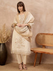 Off-White Linen Printed A-Line Kurta Trouser With Dupatta