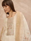 Off-White Linen Printed A-Line Kurta Trouser With Dupatta