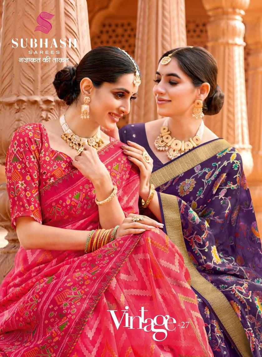Vintage-27 : Chiffon Brasso Heritage Butti Print Sarees with Printed Tusser Silk Blouse