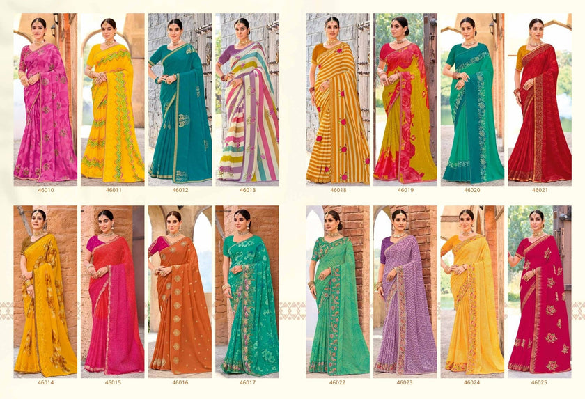 Rakshita: Chiffon Printed Embroidered Sarees with Tusser Silk Blouse