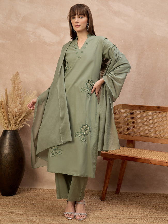 Green Pure Cotton Floral Embroidered A-Line Kurta Trouser With Dupatta