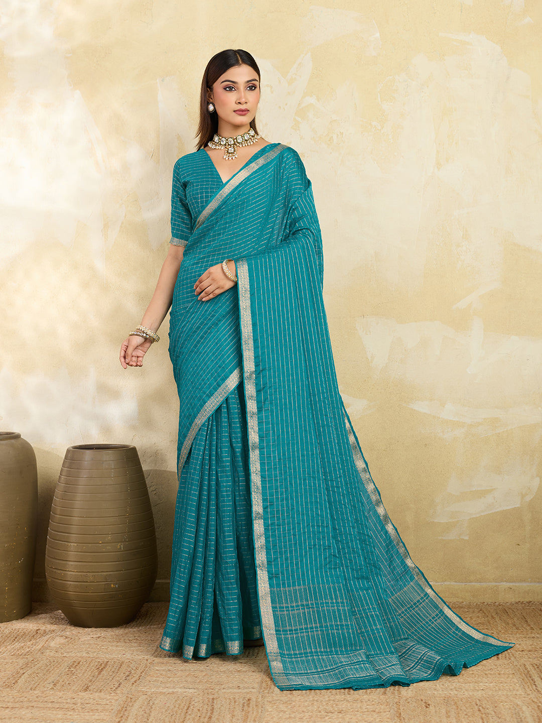 Green Silk Blend Solid Saree With Zari Border & Unstitched Blouse Featured In Mirzapur