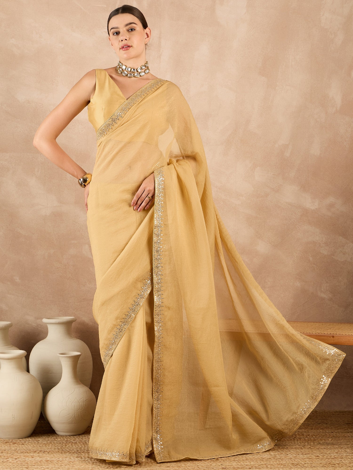 Lemon Organza Solid With Embroidered Border Saree with Unstitched Fancy Blouse