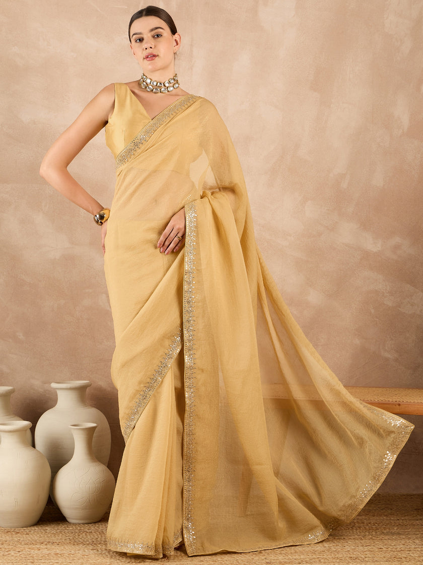 Lemon Organza Solid With Embroidered Border Saree with Unstitched Fancy Blouse