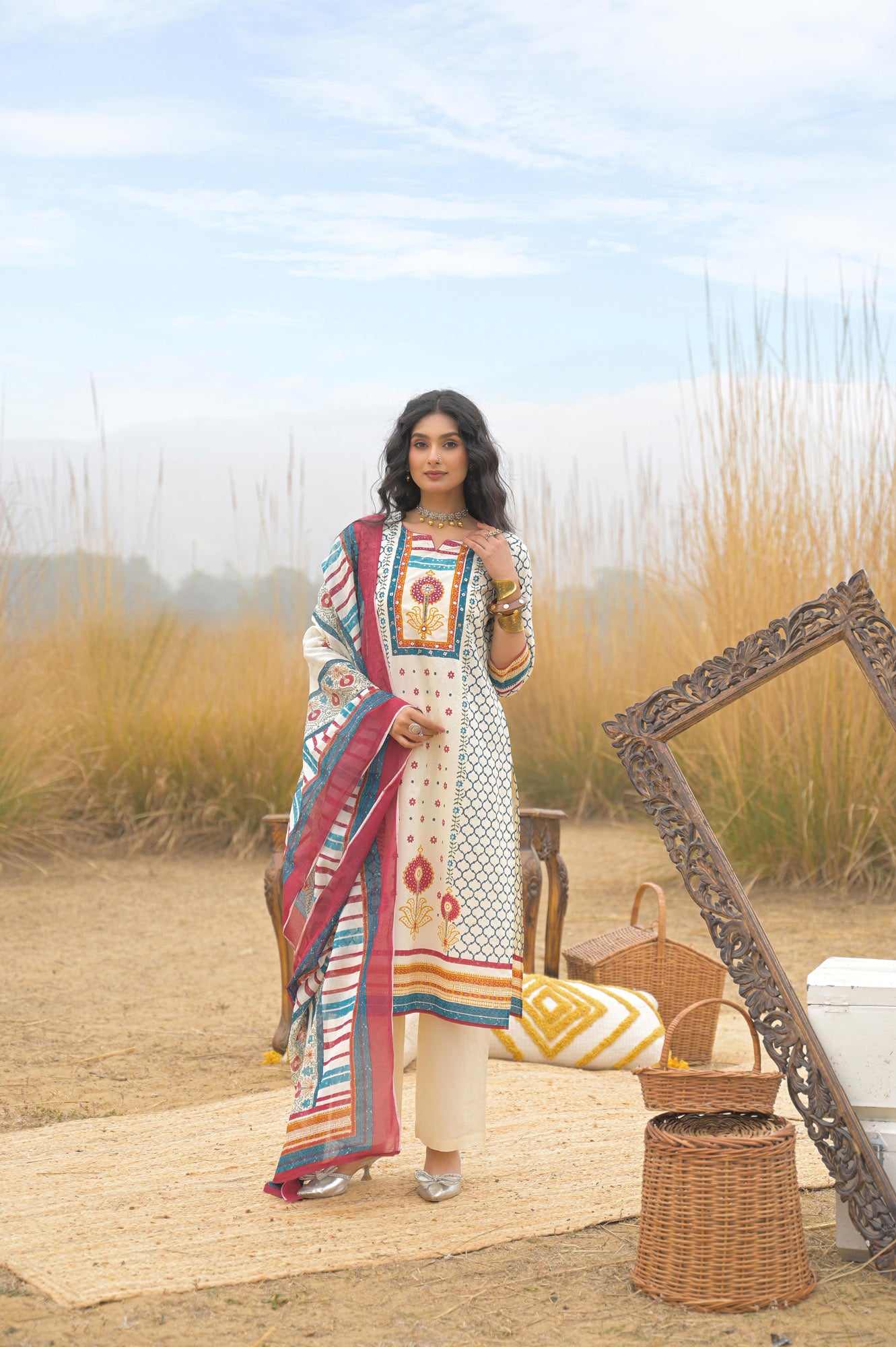 Multi Pure Cotton Ajrakh Printed A-Line Kurta Trouser With Dupatta