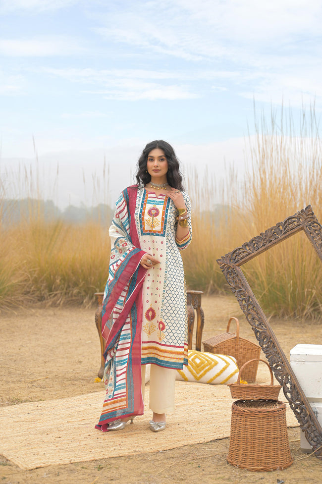 Multi Pure Cotton Ajrakh Printed A-Line Kurta Trouser With Dupatta