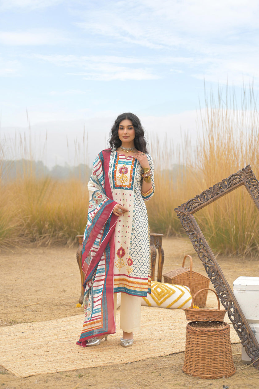 Multi Pure Cotton Ajrakh Printed A-Line Kurta Trouser With Dupatta