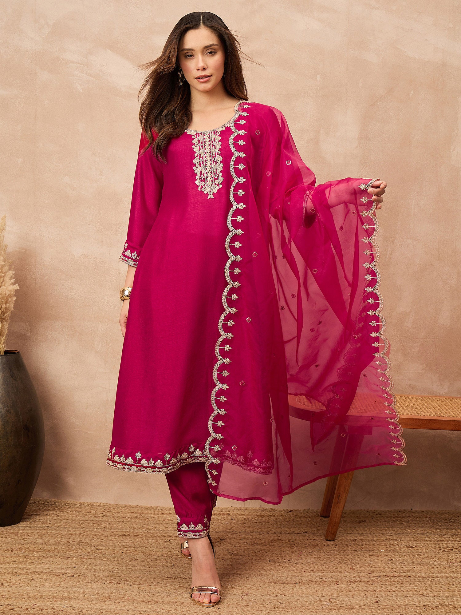 Rose Silk Blend Solid A-Line Kurta Trouser with Dupatta