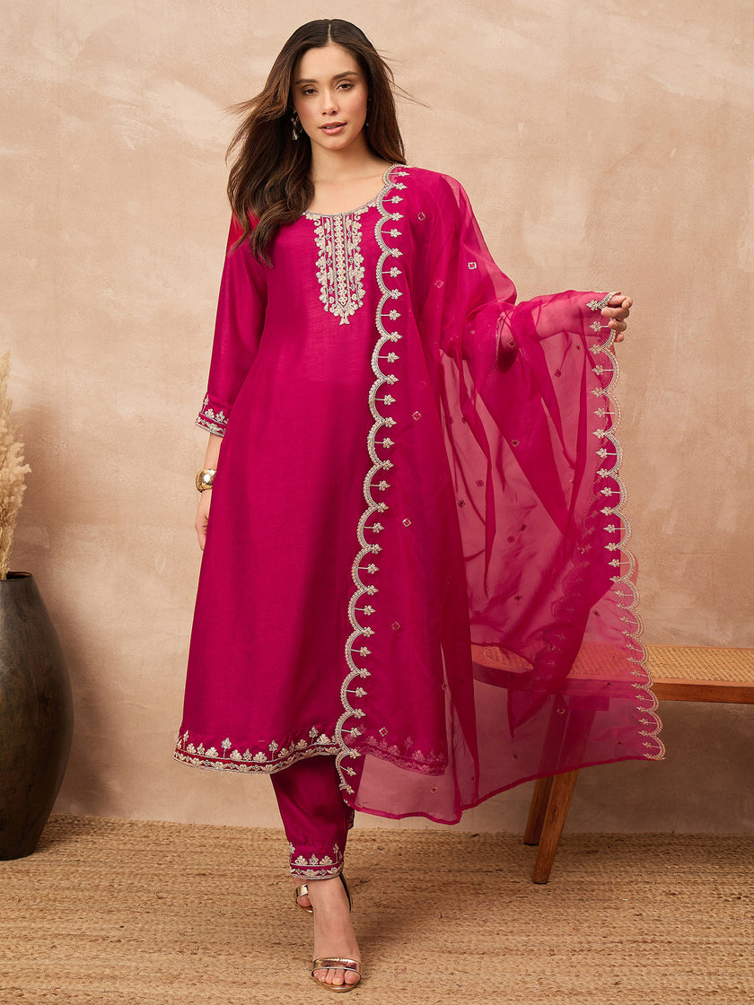 Rose Silk Blend Solid A-Line Kurta Trouser with Dupatta