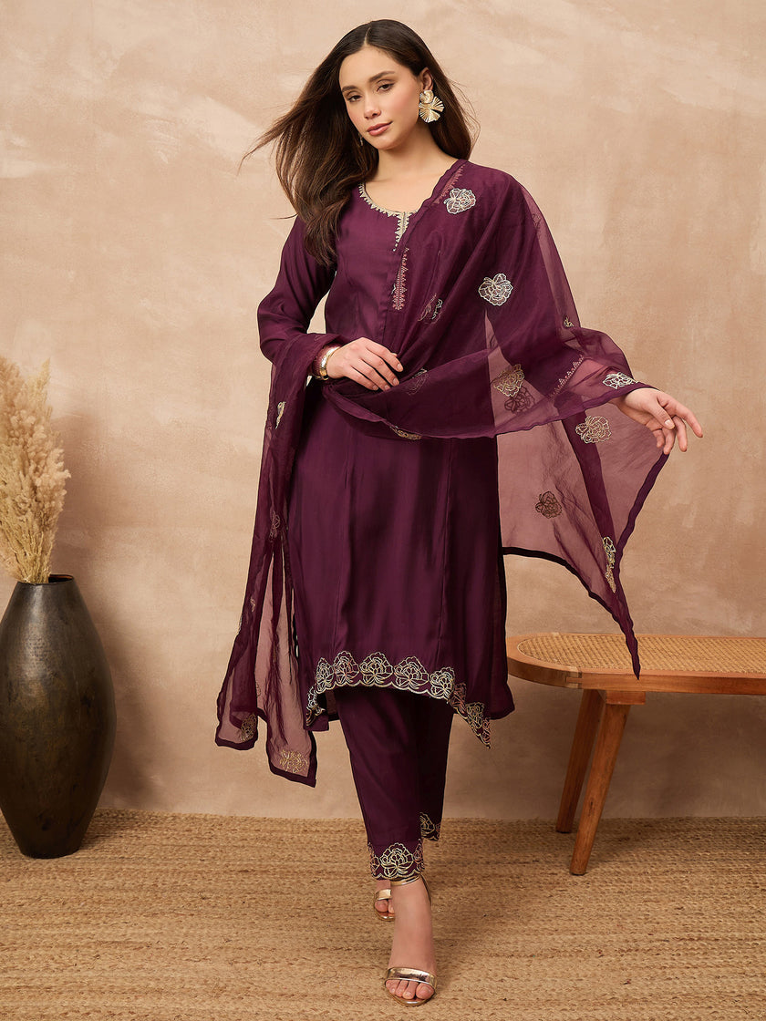Purple Chanderi Silk Solid A-Line Kurta Trouser with Dupatta