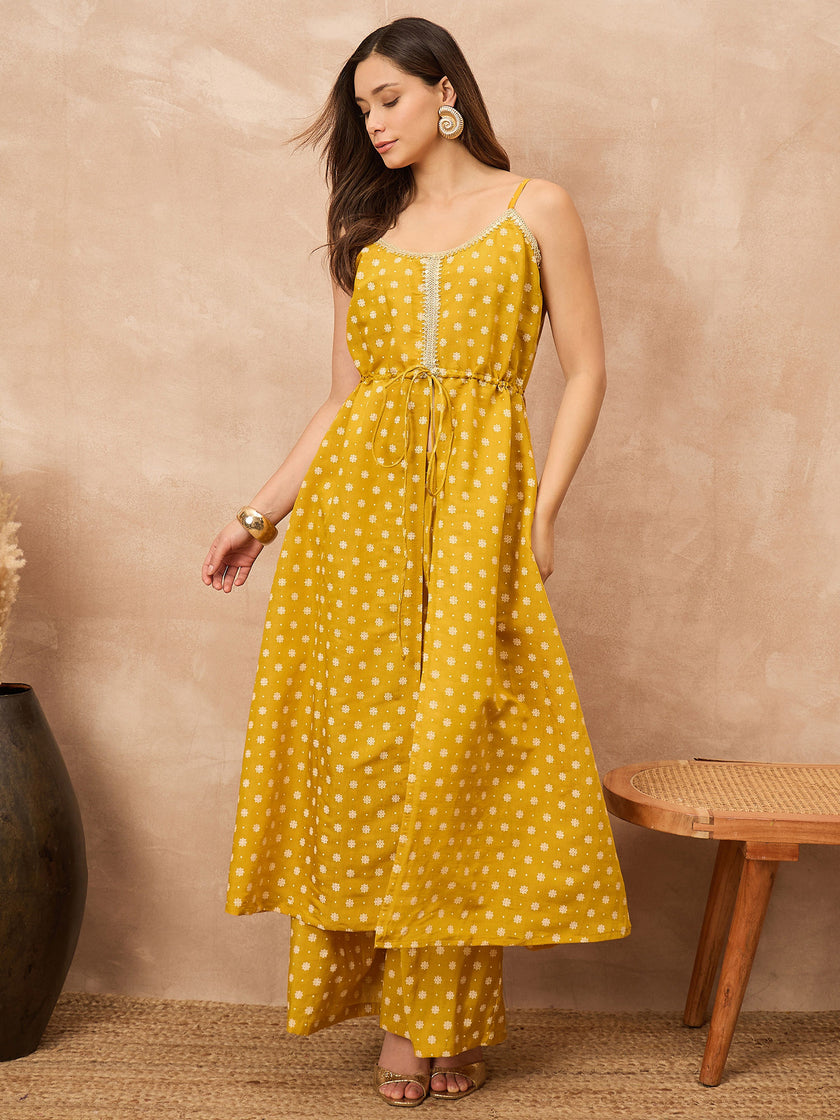 Yellow Silk Blend Printed A-Line Kurta Palazzo