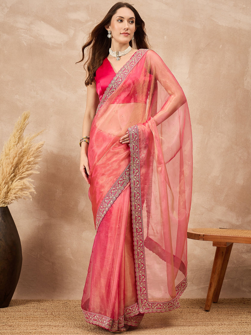 Pink  Organza Solid with Coding Border Saree with Unstitched Blouse