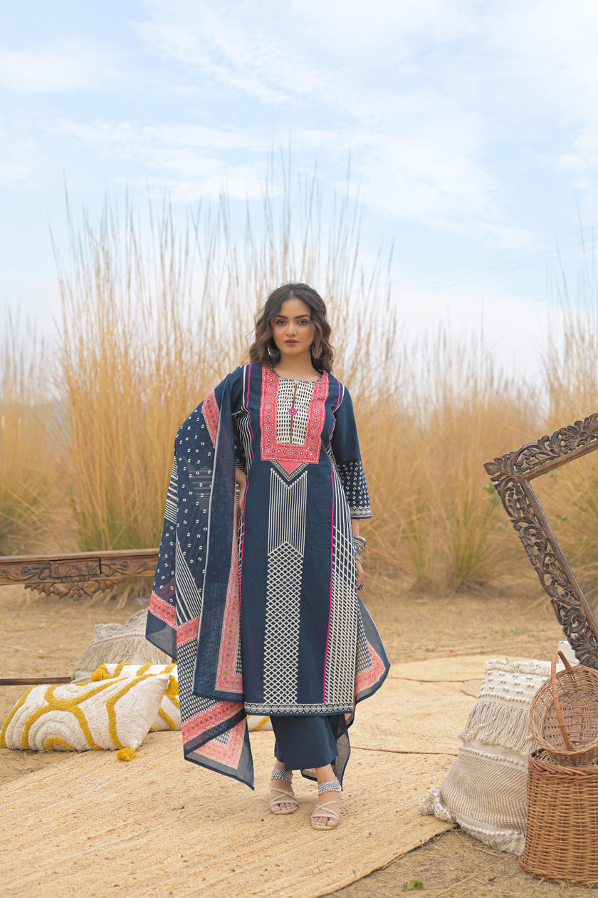 Blue Pure Cotton Ajrakh Printed A-Line Kurta Trouser With Dupatta