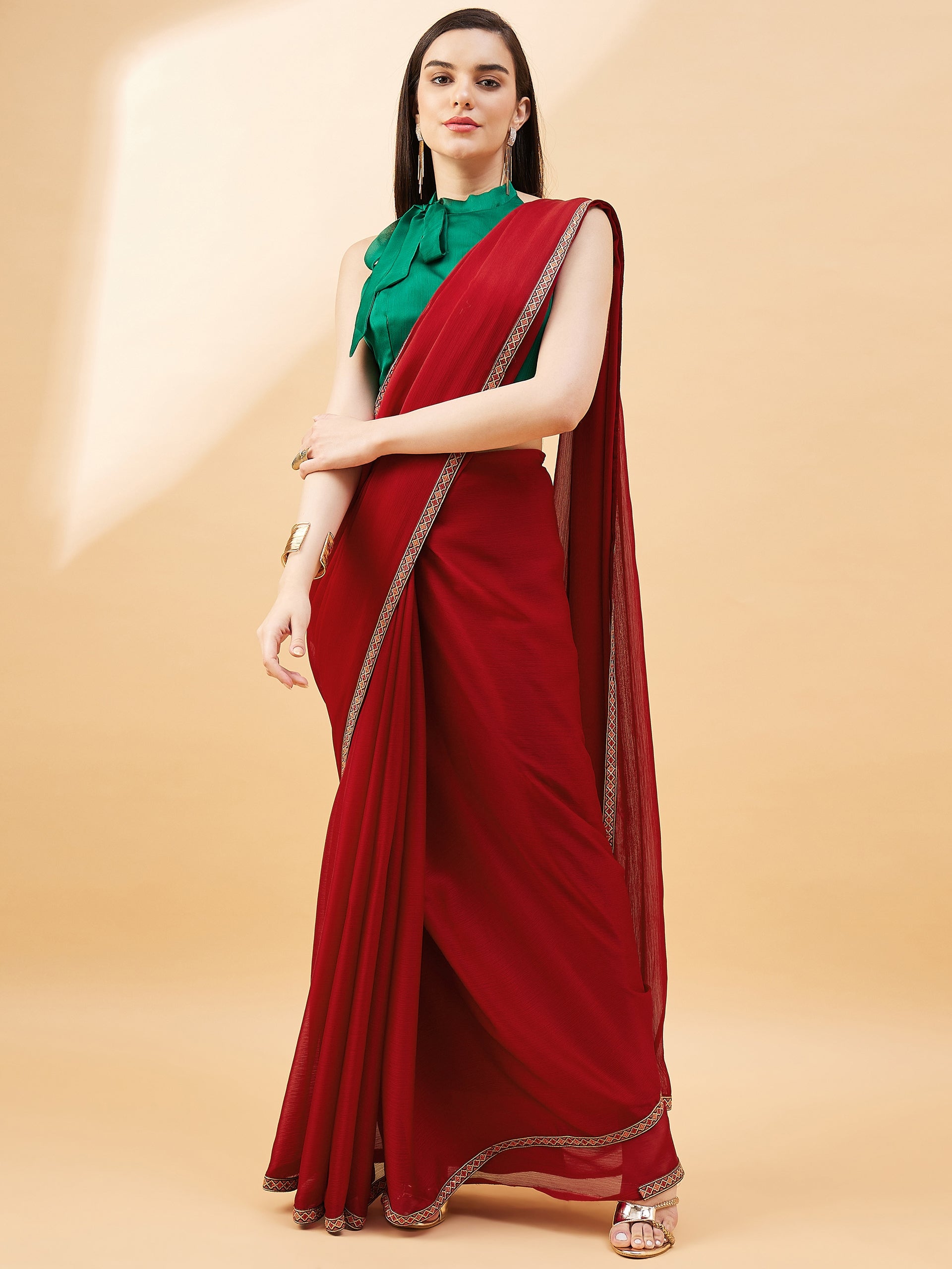 Maroon Satin Solid with Embllished Border Saree with Unstitched Fancy Blouse