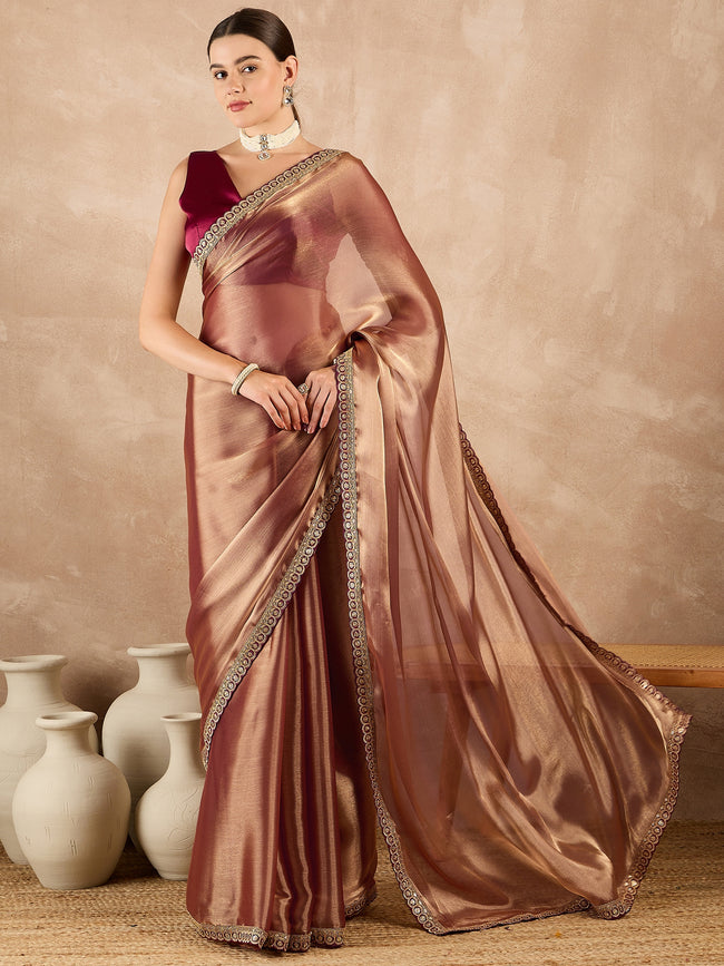 Copper Pure Chiffon Solid With Embroidered Border Saree with Unstitched Fancy Blouse