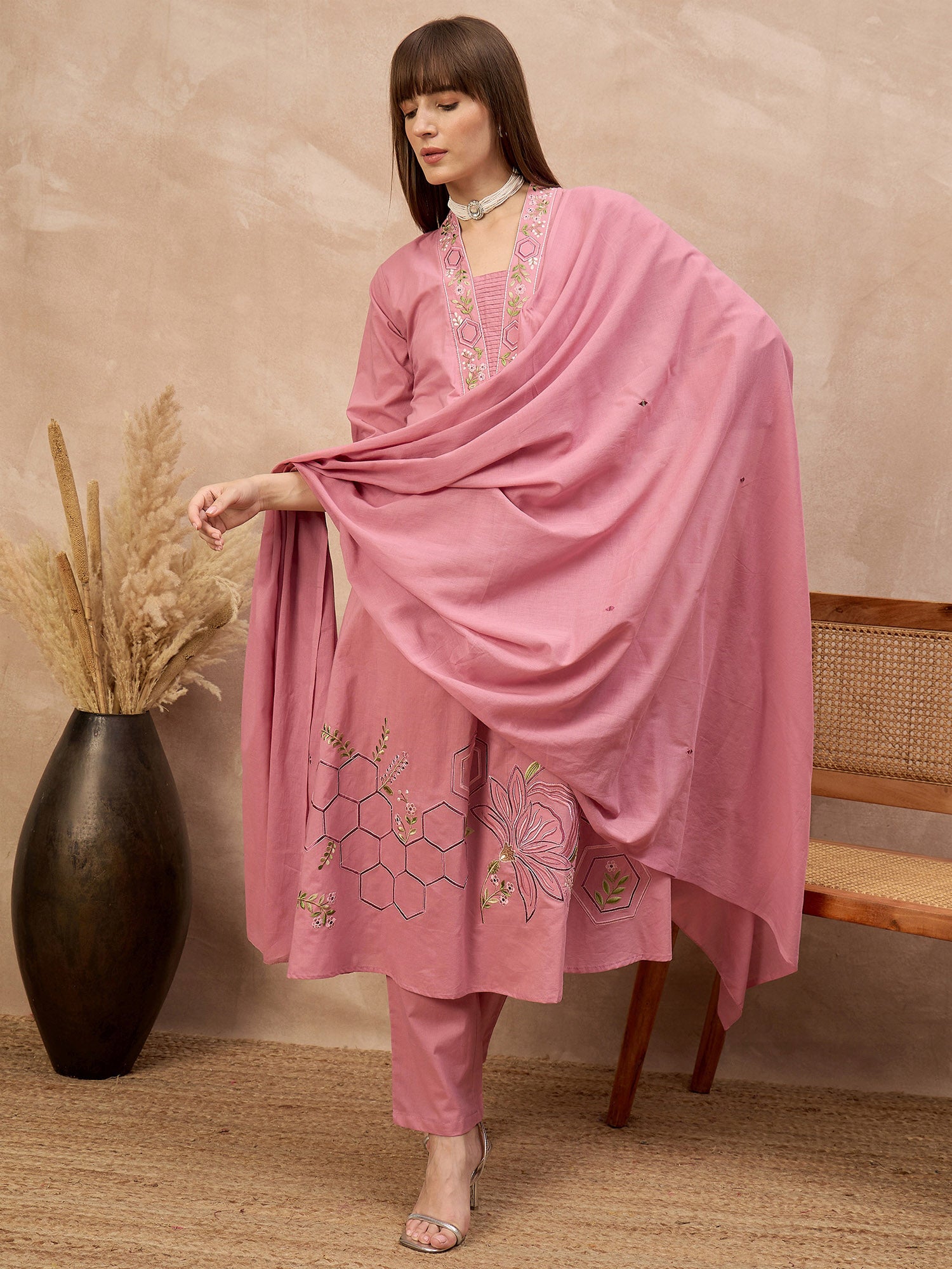 Peach Pure Cotton Floral & Geometric Embroidered A-Line Kurta Trouser With Dupatta