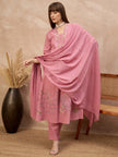 Peach Pure Cotton Floral & Geometric Embroidered A-Line Kurta Trouser With Dupatta