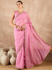 Pink  Organza Solid With Embroidered Border Saree with Unstitched Fancy Blouse