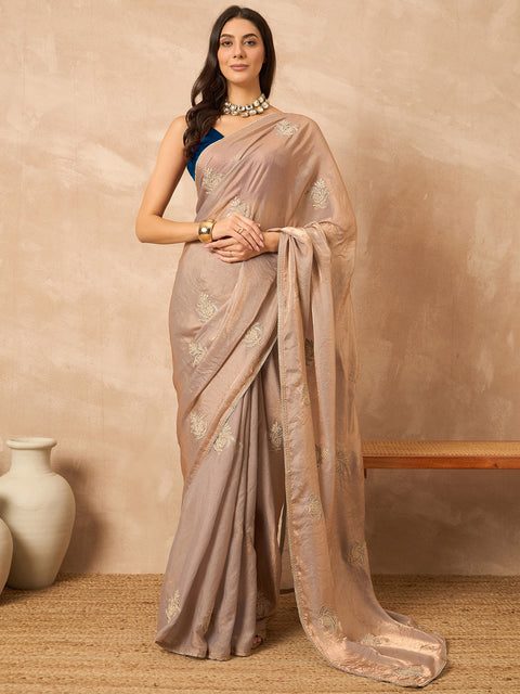 Beige Satin Solid with Coding Border Saree with Unstitched Blouse