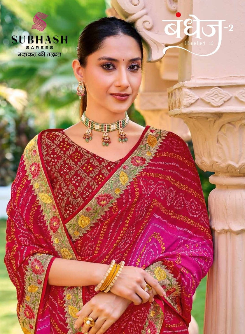 Bandhej-02 : Pure Chiffon Bandhani Print Embroidered Border Saree with Designing Blouse