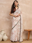 Off-White Pure Chiffon Digital Print With Embellished Lace Saree with Unstitched Blouse
