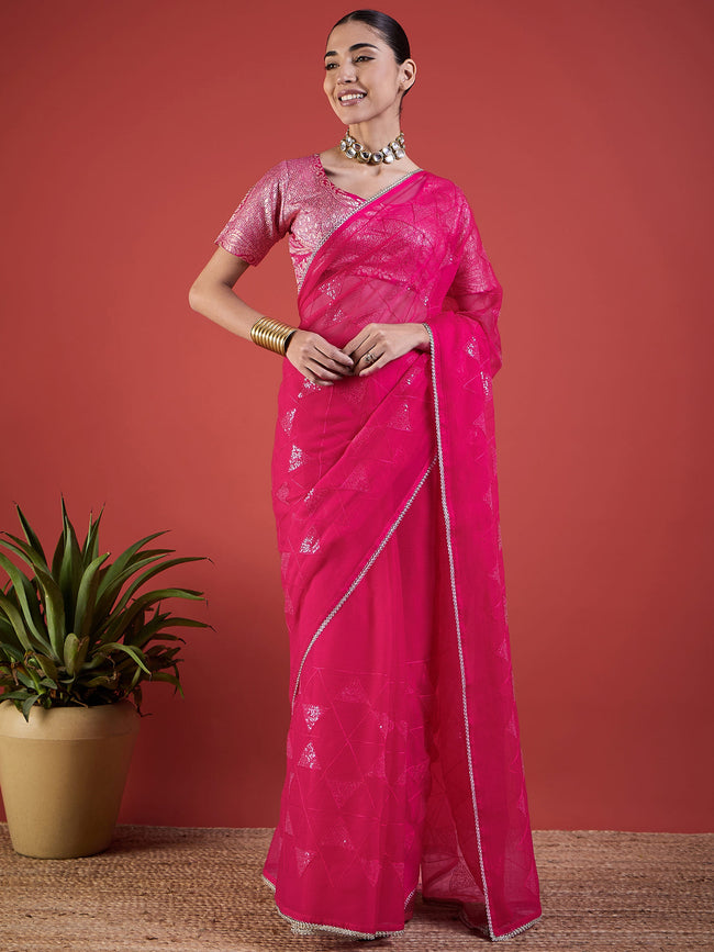 Rose Pure Chiffon Sequence Embroidery With Embellished Border Saree with Unstitched Fancy Blouse