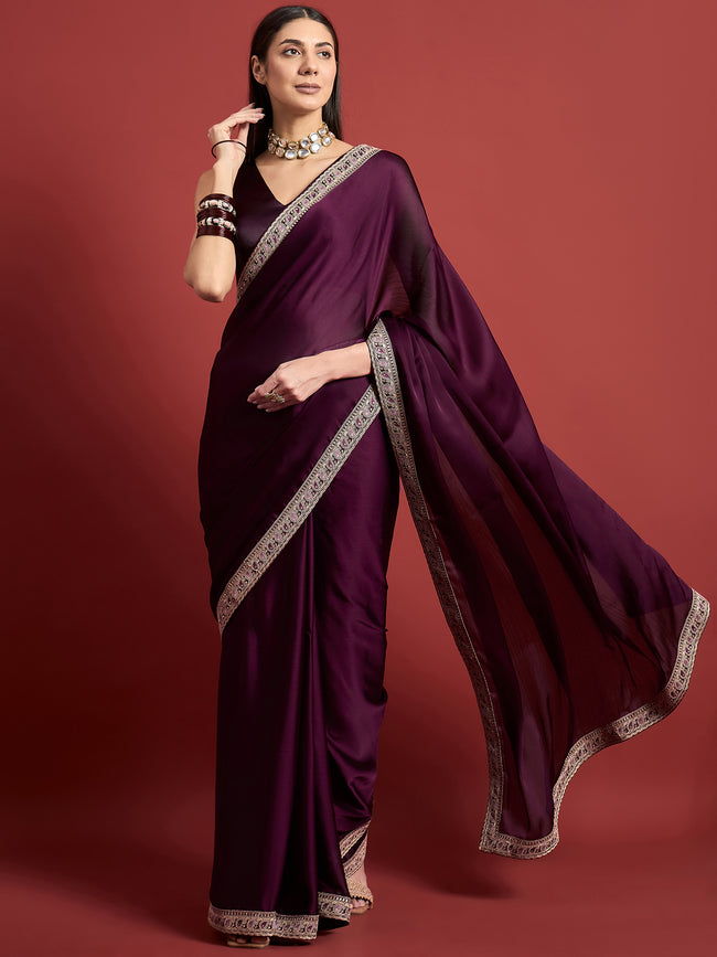 Purple Satin Solid With Embroidered Border Saree with Unstitched Fancy Blouse
