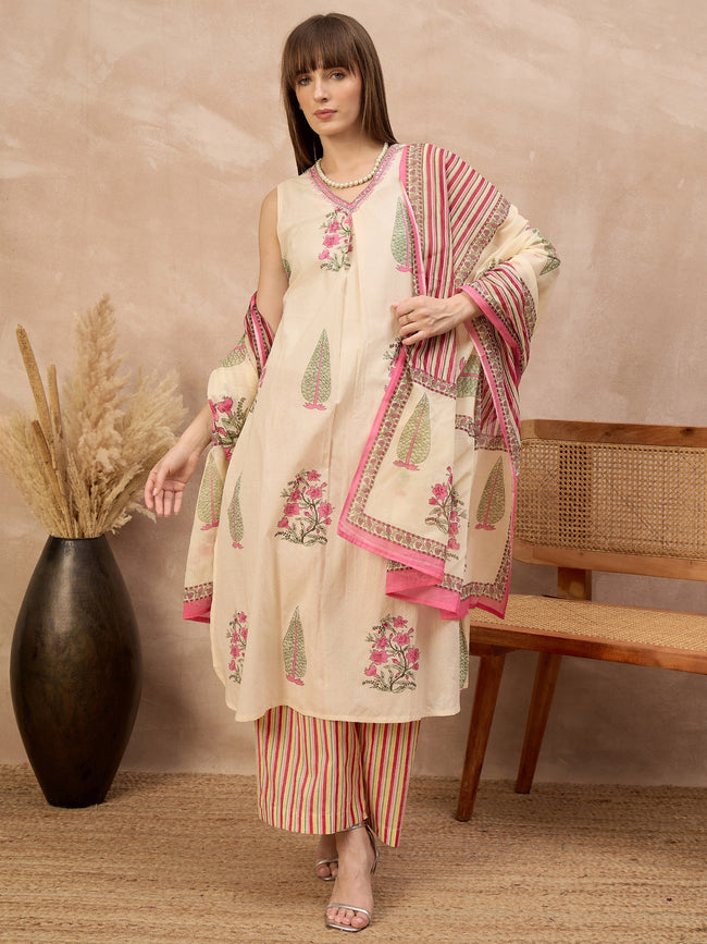 Multi Pure Cotton Floral Printed A-Line Sleeveless Kurta Trouser With Printed Dupatta