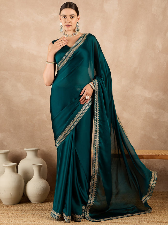 Teal Satin Solid With Embroidered Border Saree with Unstitched Fancy Blouse