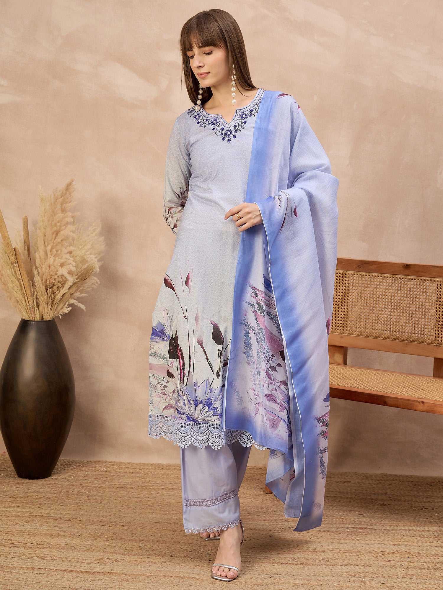 Multi Pure Cotton Digital Printed A-Line Kurta Trouser With Printed Dupatta