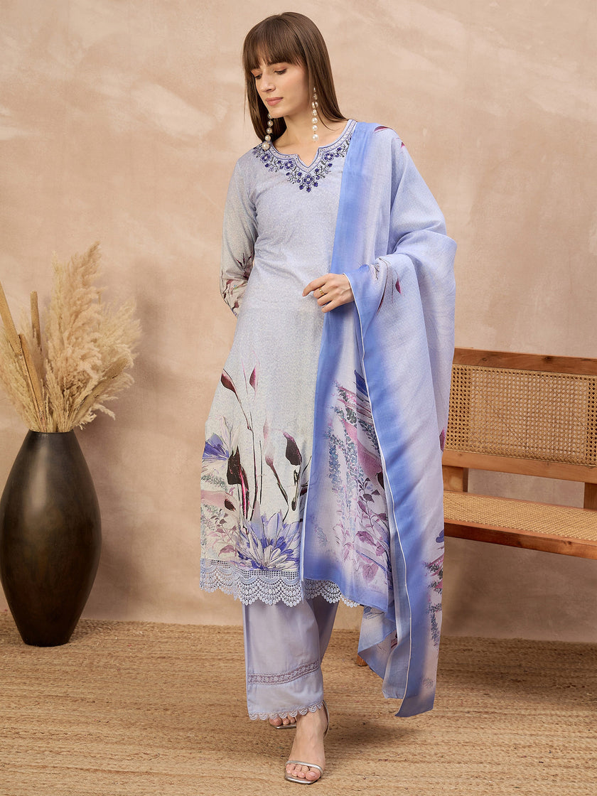 Multi Pure Cotton Digital Printed A-Line Kurta Trouser With Printed Dupatta