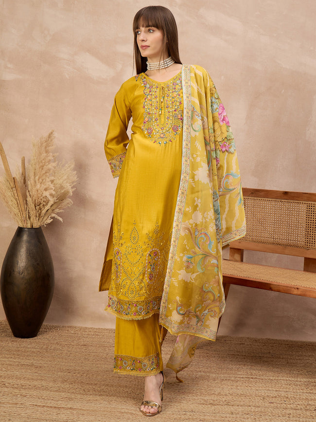 Gold Pure Cotton Beads & Stone Embroidered A-Line Kurta Trouser With Printed Dupatta