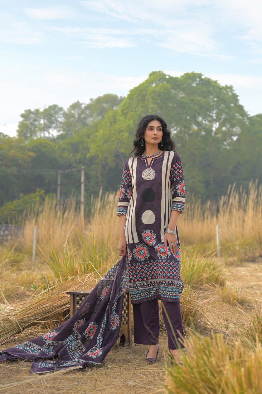 Purple Pure Cotton Ajrakh Printed A-Line Kurta Trouser With Dupatta
