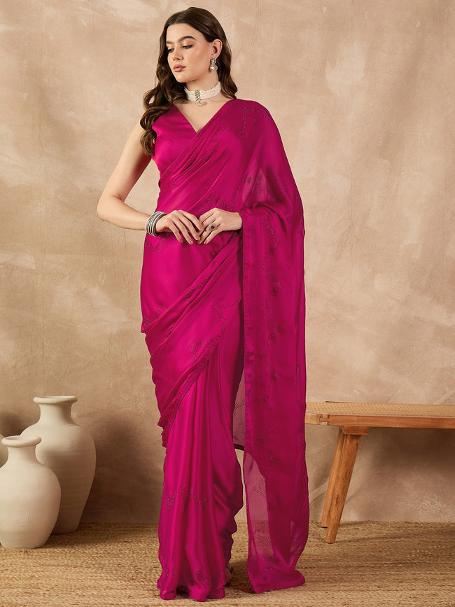 Red Satin Solid With Stone Work Border Saree with Unstitched Fancy Blouse