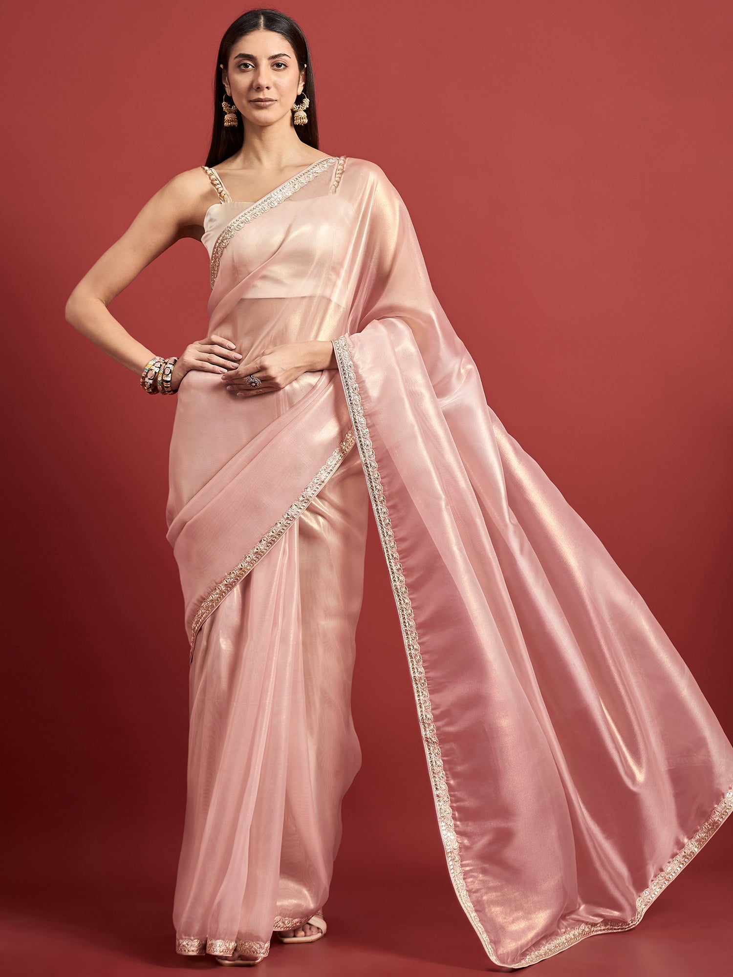 Pink  Organza Solid With Pure Gotta Embroidered Border Saree with Unstitched Fancy Blouse