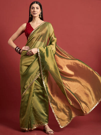 Green Organza Solid With Embellished Lace Saree with Unstitched Fancy Blouse