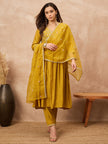 Mustard Silk Blend Solid A-Line Kurta Trouser with Dupatta