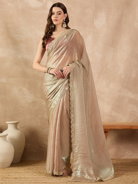 Golden Organza Solid With Stone Work Border Saree with Unstitched Fancy Blouse