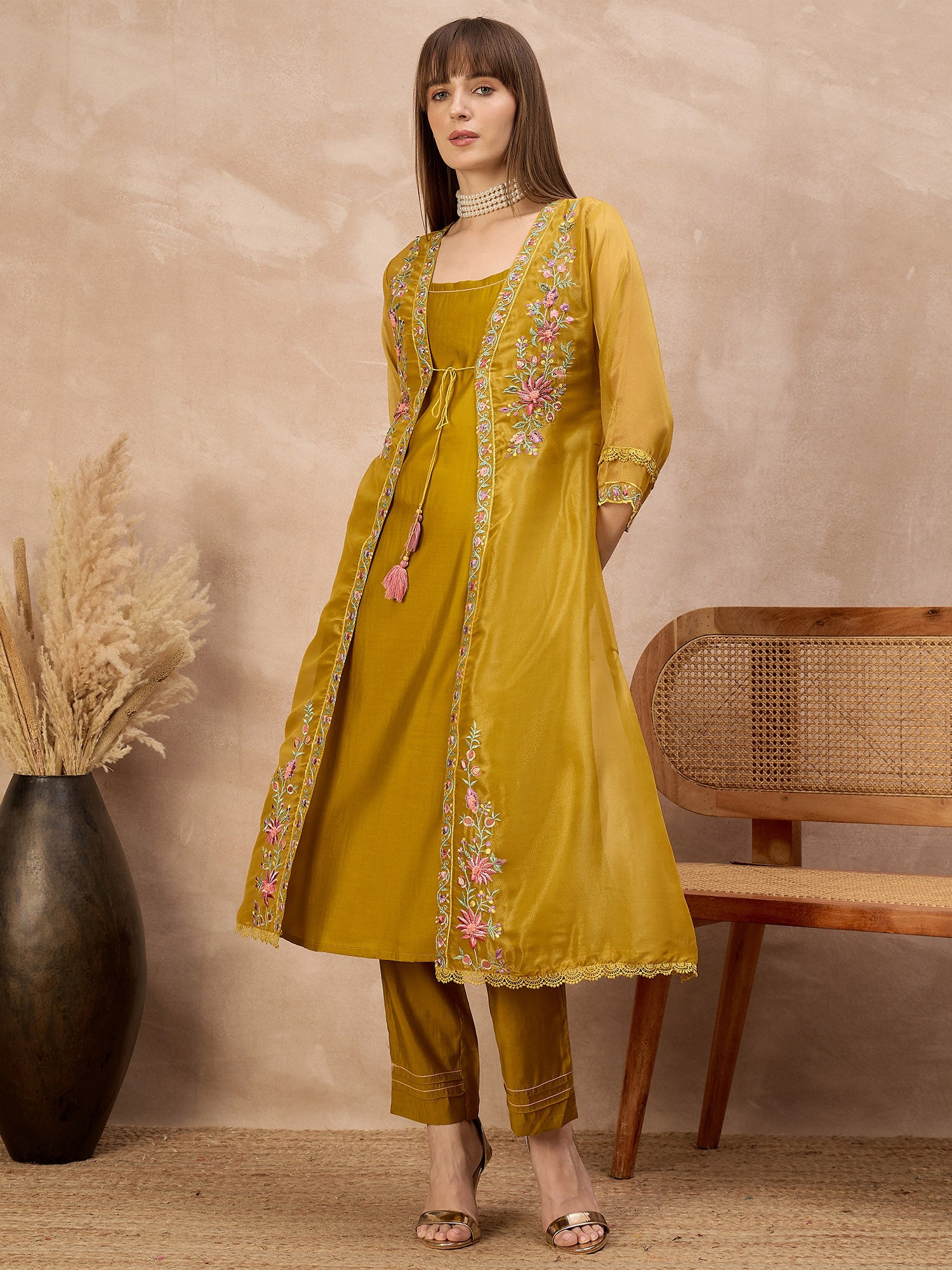 Mustard Pure Cotton Solid A-Line Kurta Trouser With Floral & Mirror Embroidered Shrug