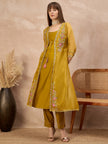 Mustard Pure Cotton Solid A-Line Kurta Trouser With Floral & Mirror Embroidered Shrug