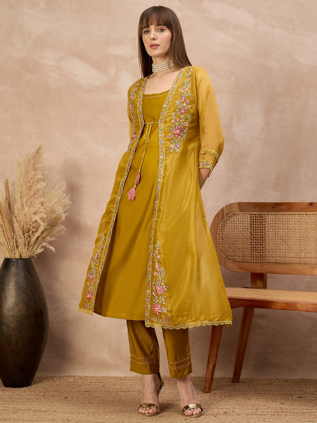 Mustard Pure Cotton Solid A-Line Kurta Trouser With Floral & Mirror Embroidered Shrug
