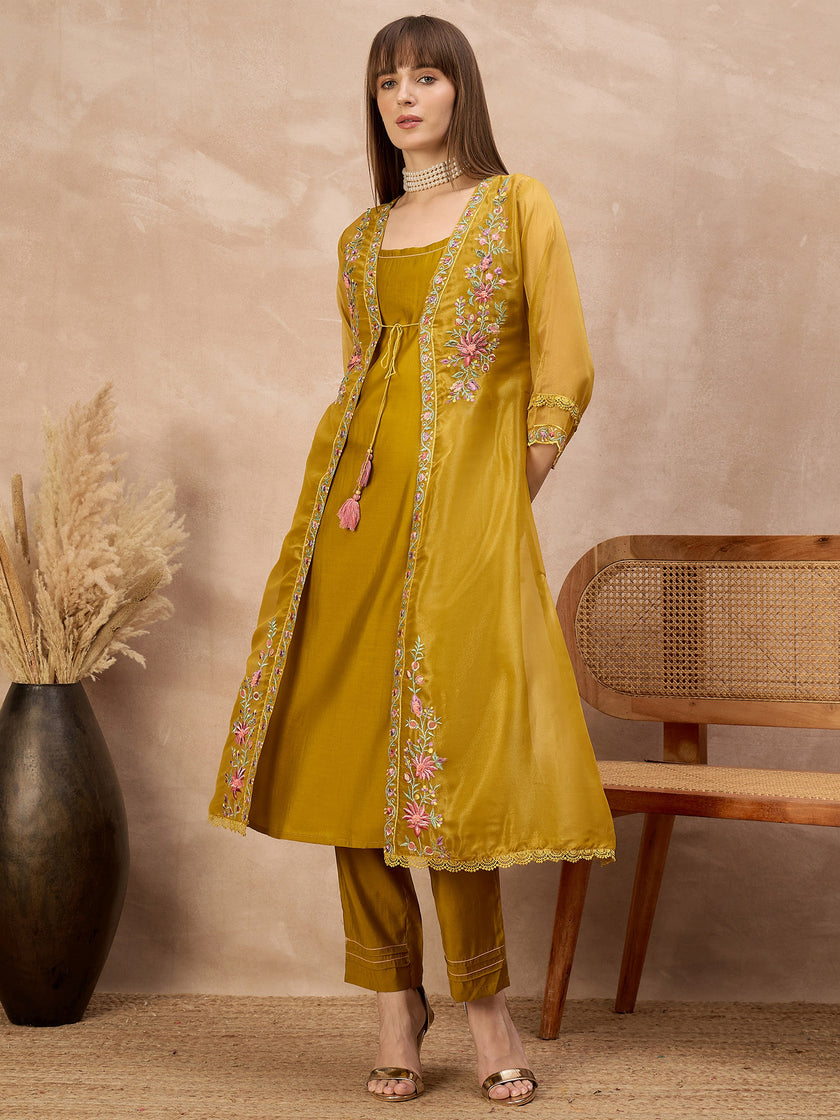 Mustard Pure Cotton Solid A-Line Kurta Trouser With Floral & Mirror Embroidered Shrug