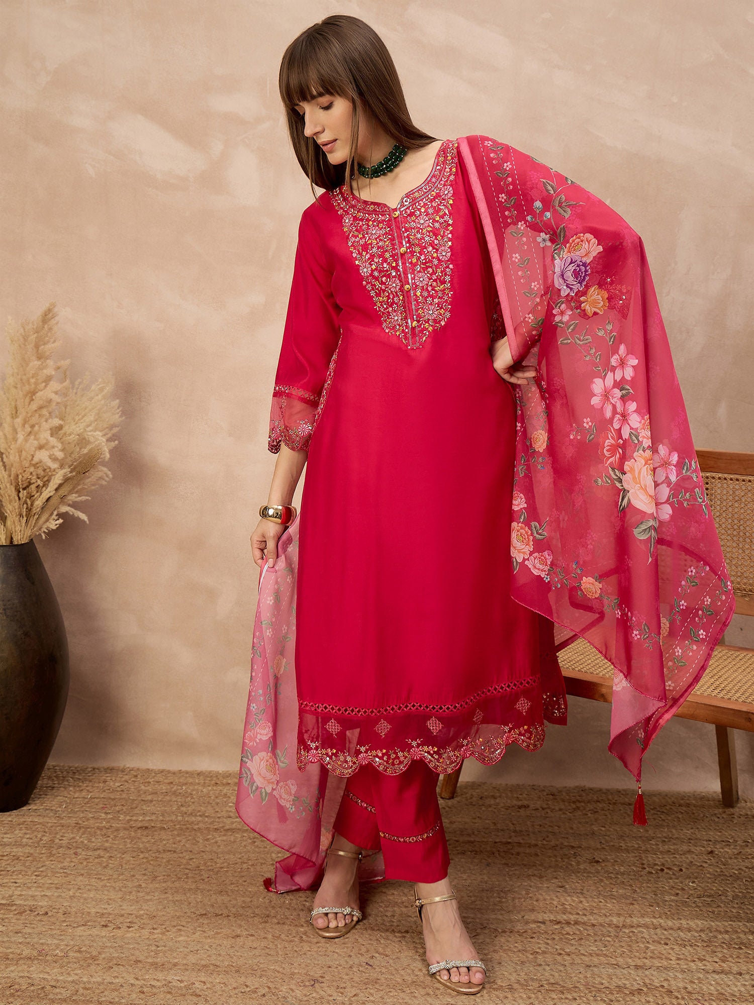 Rose Pure Cotton Beads & Stone Embroidered With Buttons A-Line Kurta Trouser With Printed Dupatta