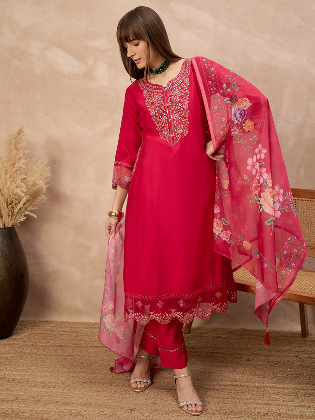 Rose Pure Cotton Beads & Stone Embroidered With Buttons A-Line Kurta Trouser With Printed Dupatta